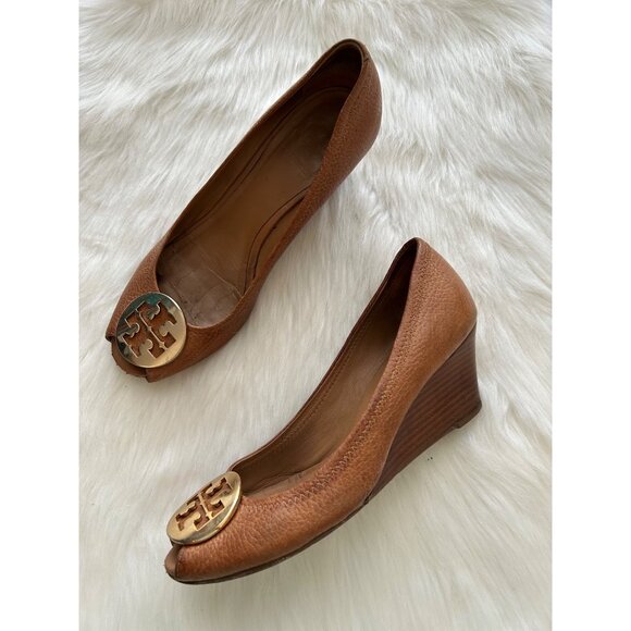 Tory Burch Women's SZ 8 Sally 2 peep toes wedge tan brown - Picture 1 of 10